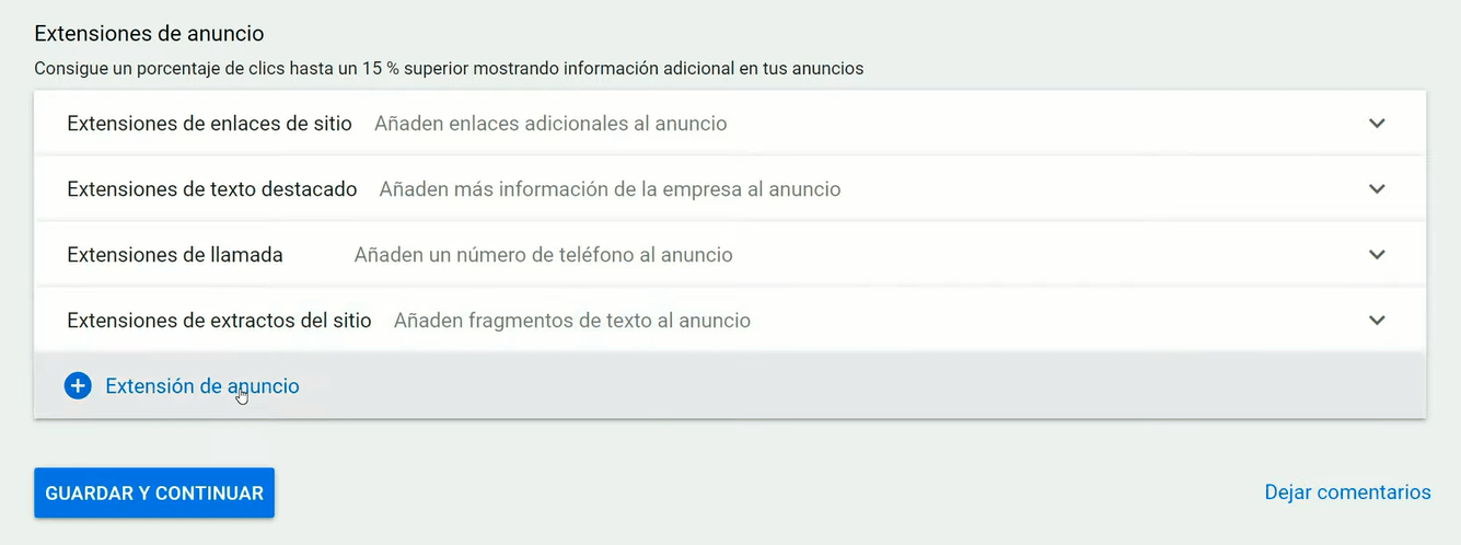 Configurar campaña de búsqueda - Extensiones de anuncios