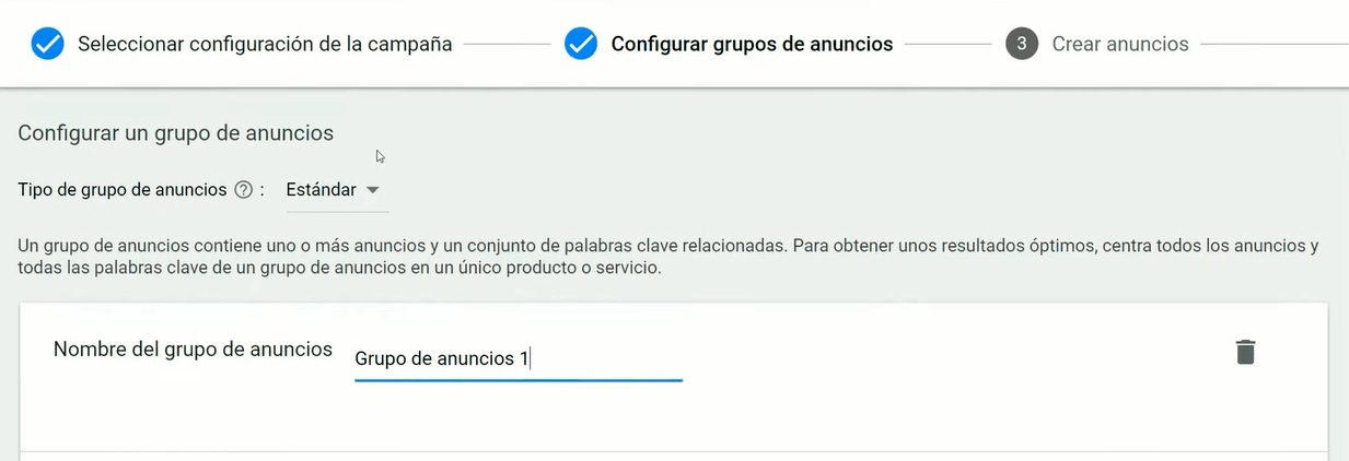 Crear grupo de anuncios en Google Ads - Nombres