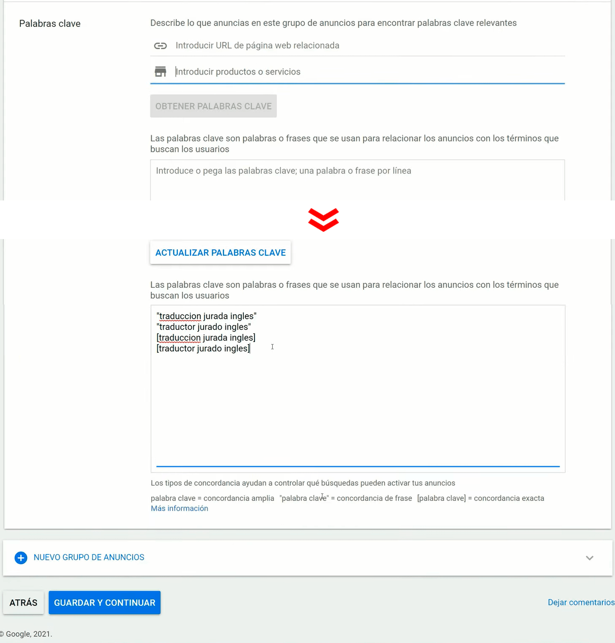 Crear grupo de anuncios en Google Ads - Palabras claves