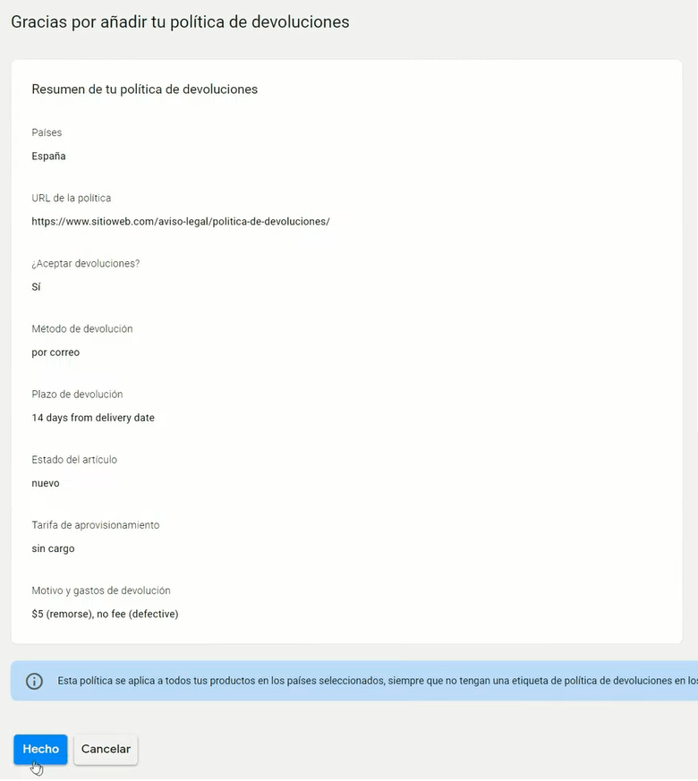 Resumen y enlaces a los parámetros generales de las políticas de devolución en Google Shopping