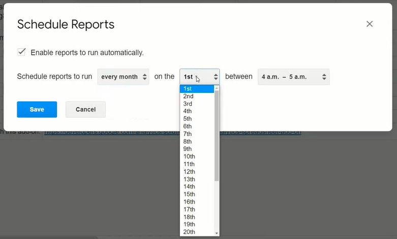 Programación de la ejecución de informes para descargar datos de Google Analytics