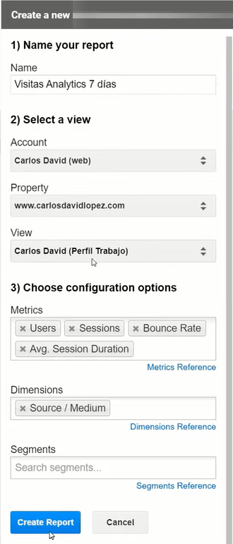 Crear nuevo informe para descargar datos de Google Analytics