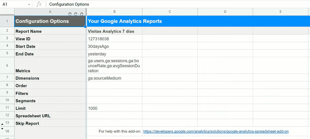 Configuración del informe para descargar datos de Google Analytics