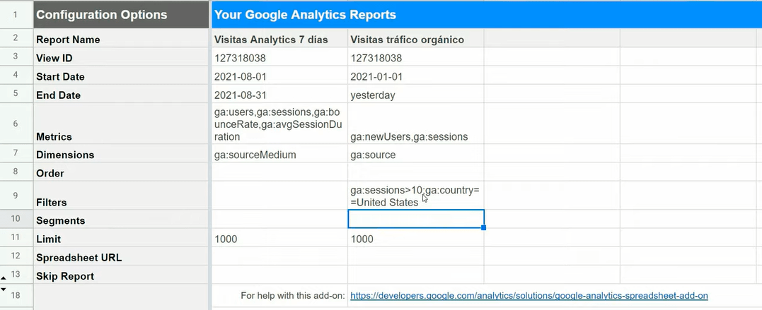 Aplicación de filtros en la preparación de informes para descargar datos de Google Analytics