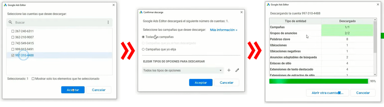 Primeras opciones dentro del editor de Google Ads