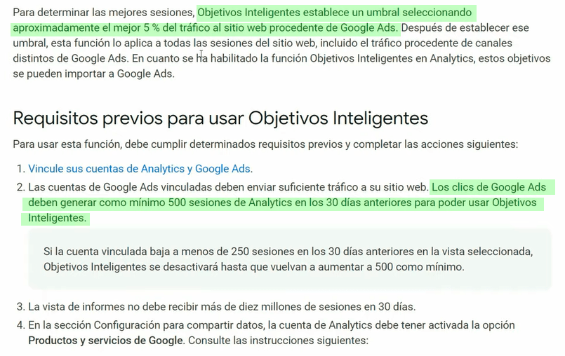 Requisitos previos para poder optimizar con objetivos inteligentes de Google Analytics