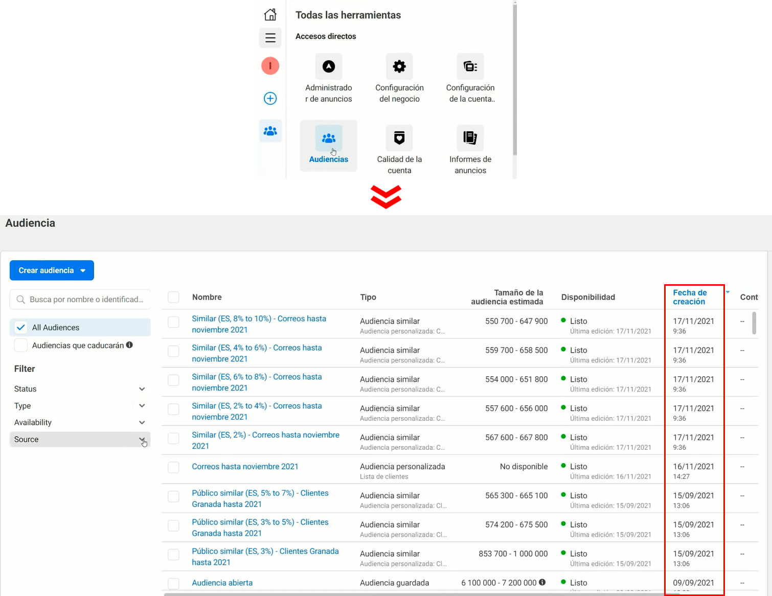 Verificando la vigencia de las audiencias de Facebook e Instagram