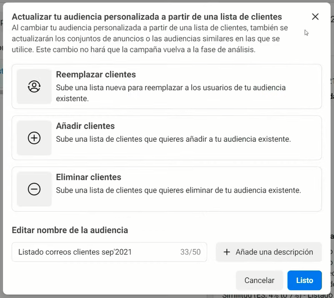 Actualización/Modificación de listas de contactos en Instagram y Facebook