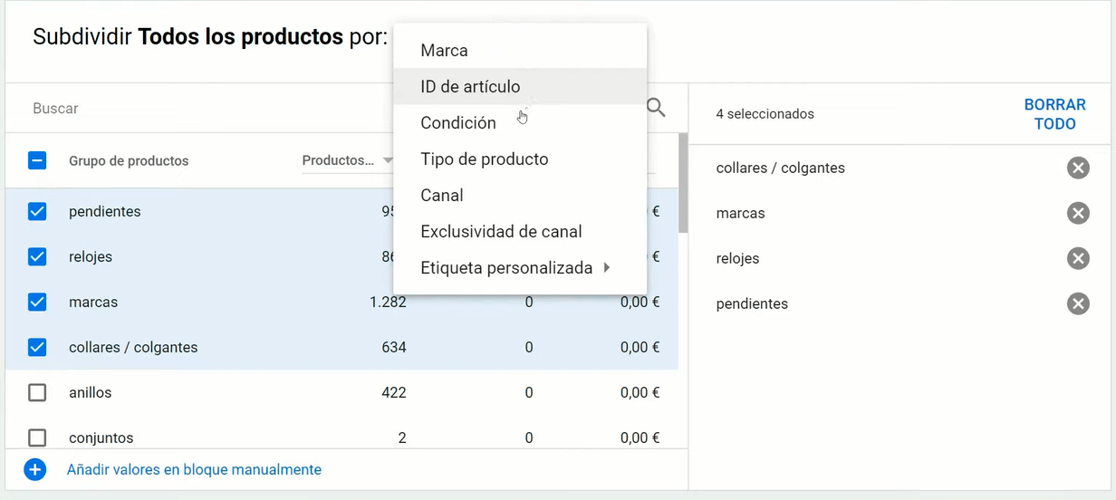 Más opciones de segmentación