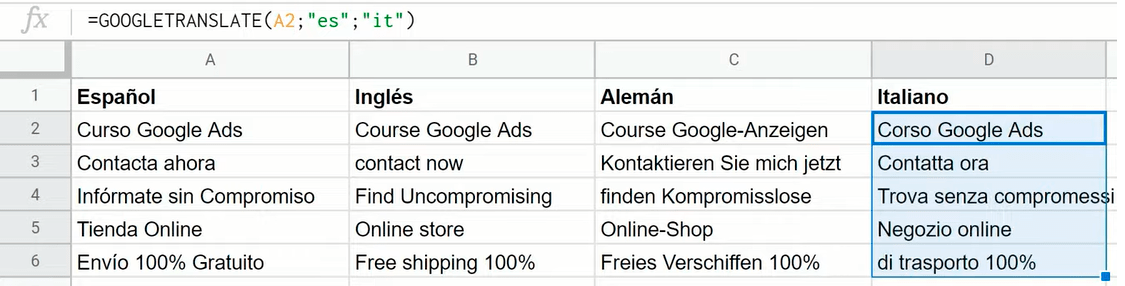 Repitiendo el proceso para traducir al italiano