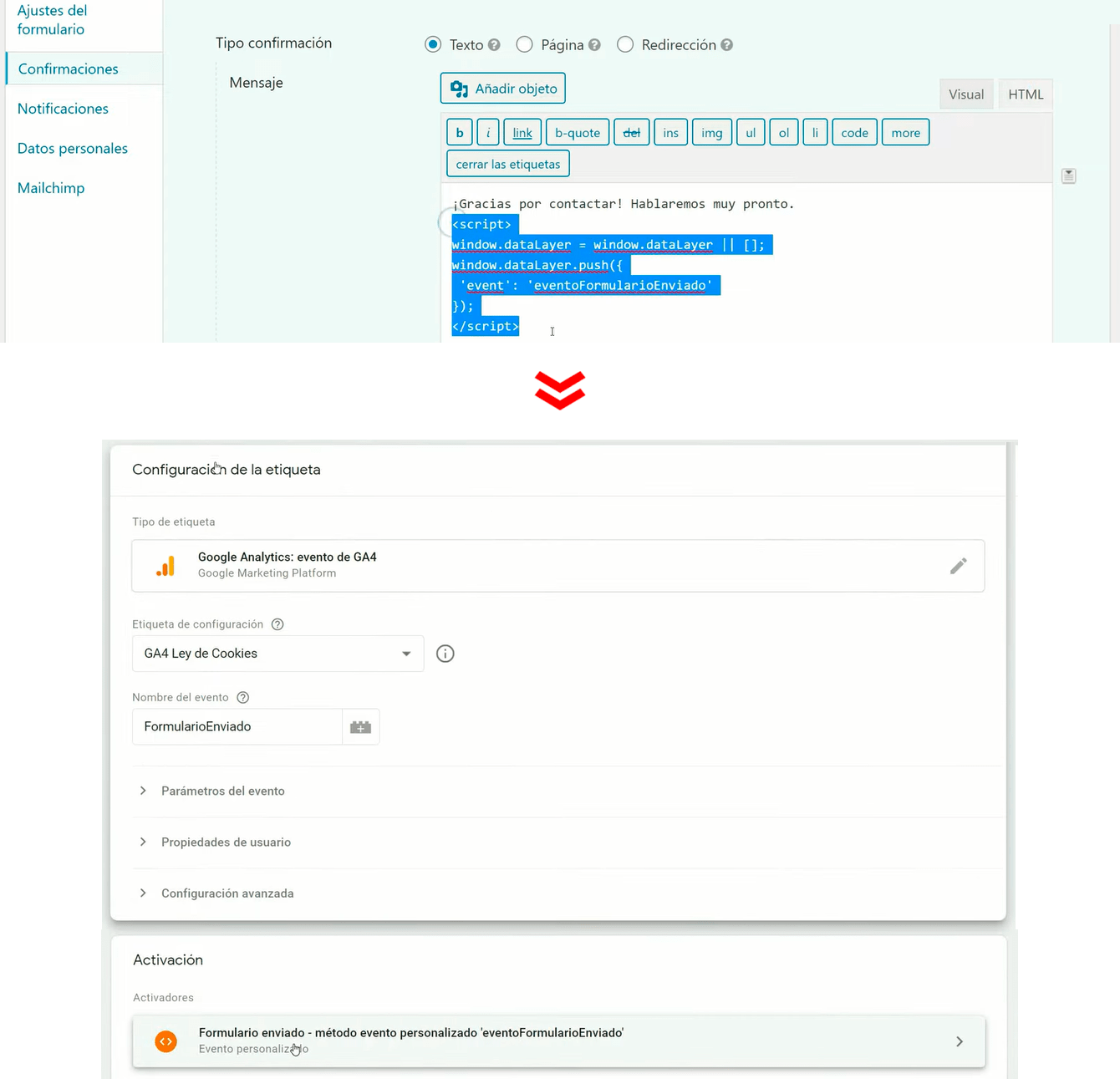 Insertando el código activador del evento de conversión en GA4