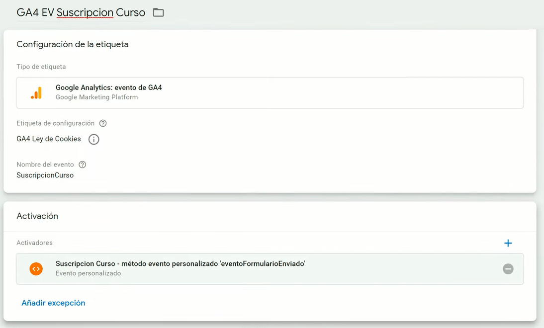 Configuración de la medición del evento por medio de Tag Manager