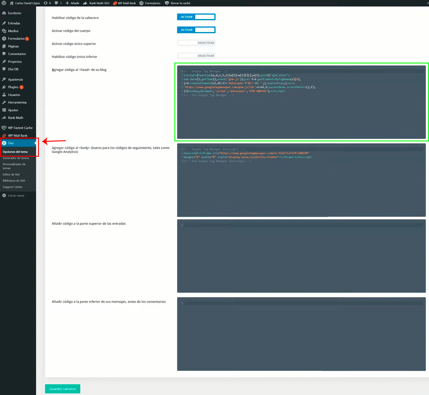 Insertar el código para instalar Google Analytics en WordPress con DIVI