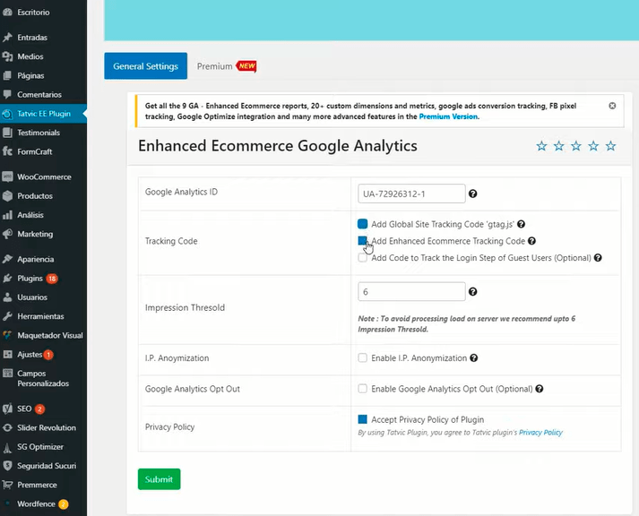 Introducir los datos de Google Analytics en el plugin instalado