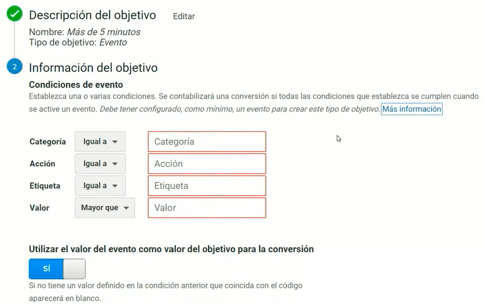 Creación de objetivo tipo evento