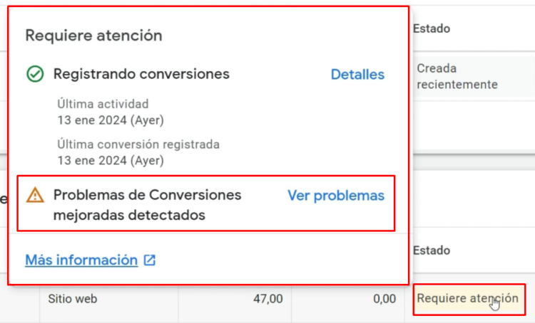 Conversion requiere atencion Google Ads - Estados de Conversión en Google Ads - GUÍA COMPLETA