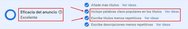 Eficacia del anuncio en Google Ads - Anuncios en Google Ads con eficacia Excelente