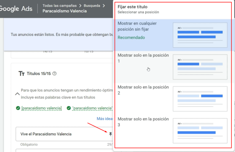 Fijar titulos de anuncios en Google Ads - Anuncios en Google Ads con eficacia Excelente