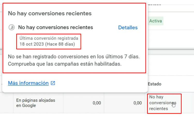 No hay conversiones recientes Google Ads - Estados de Conversión en Google Ads - GUÍA COMPLETA