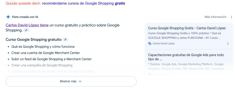 Google AI Overview recomienda los cursos de Carlos David