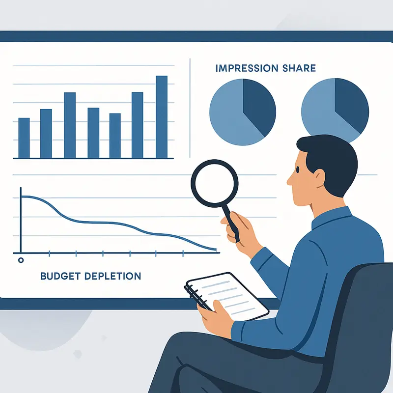 Solución a Presupuesto Limitado en Google Ads: errores comunes y soluciones avanzadas - C mo validar si tu campa a est realmente limitada por presupuesto 03 Analista revisando gráficos de gasto diario, cuota de impresiones y horarios de consumo en una pantalla