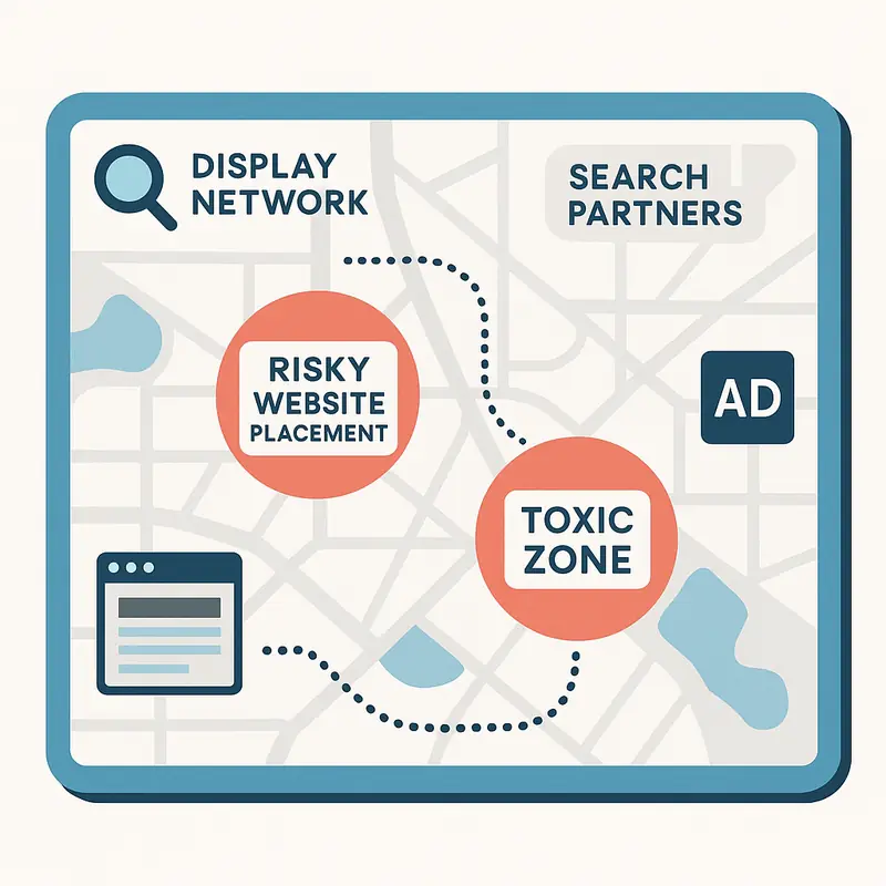 Fraude en Google Ads con Partners de Búsqueda - Afecta a Search y Performance Max - D nde se esconde el fraude Display partners y emplazamientos t Mapa digital con ubicaciones de sitios web problemáticos y zonas de riesgo en campañas de display y partners