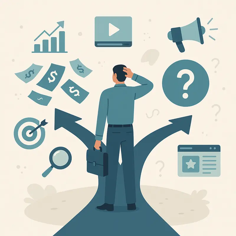 Solución a Presupuesto Limitado en Google Ads: errores comunes y soluciones avanzadas - Errores frecuentes al gestionar la alerta de presupuesto limitado 02 Profesional de marketing confundido frente a dos caminos, uno con dinero desperdiciado y otro con resultados inciertos