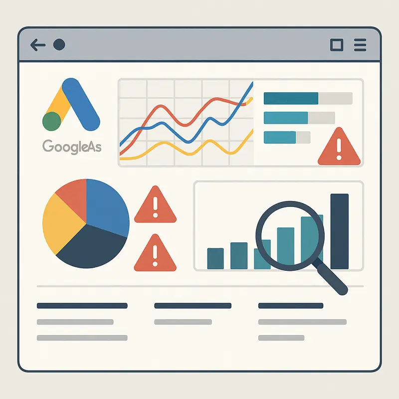 Fraude en Google Ads con Partners de Búsqueda - Afecta a Search y Performance Max - Key Takeaways 3 Panel de control de Google Ads con métricas resaltadas y señales de alerta en display y partners