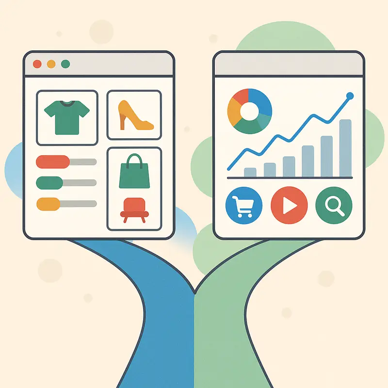 Cómo crear campañas de Google Shopping con Performance Max (Pmax o Máximo Rendimiento) - Performance Max o Shopping Est ndar Ventajas y diferencias clave Comparativa visual entre Performance Max y Shopping Estándar mostrando dos caminos de campañas digitales