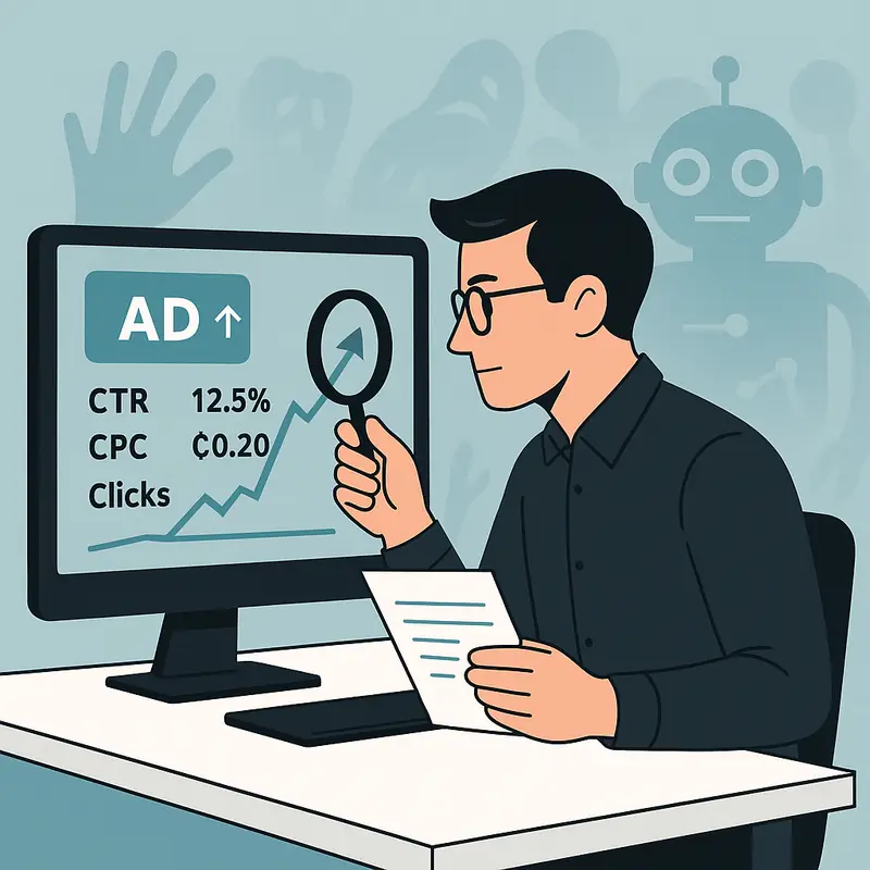 Fraude en Google Ads con Partners de Búsqueda - Afecta a Search y Performance Max - Por qu el fraude en Google Ads es tan dif cil de detectar Analista revisando métricas aparentemente positivas en una pantalla, con detalles sospechosos en el fondo