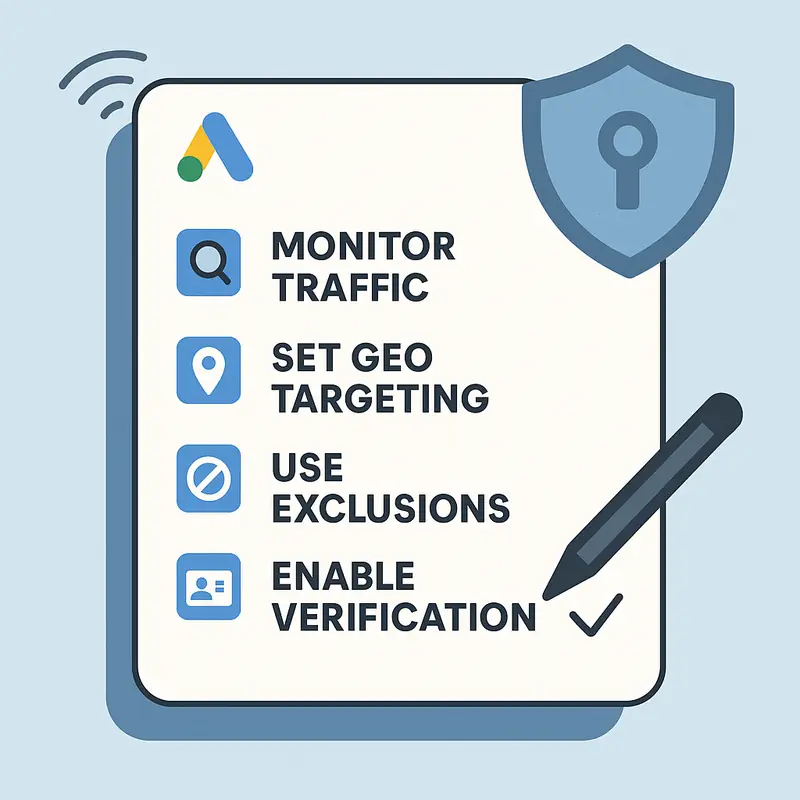 Fraude en Google Ads con Partners de Búsqueda - Afecta a Search y Performance Max - Resumen pr ctico checklist para proteger tus campa as Lista de verificación digital con iconos de acciones clave para proteger campañas de Google Ads